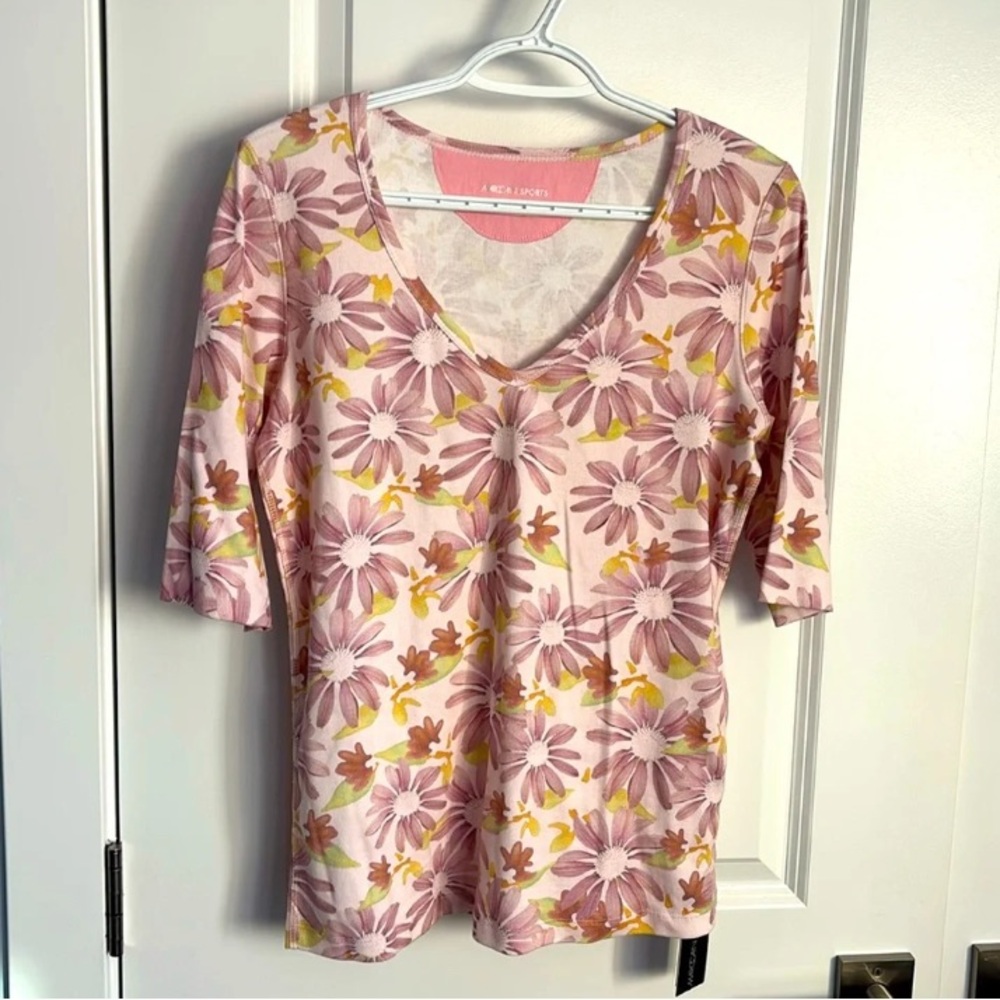 Marc Cain Pink Floral V-Neck Short Sleeve Tee